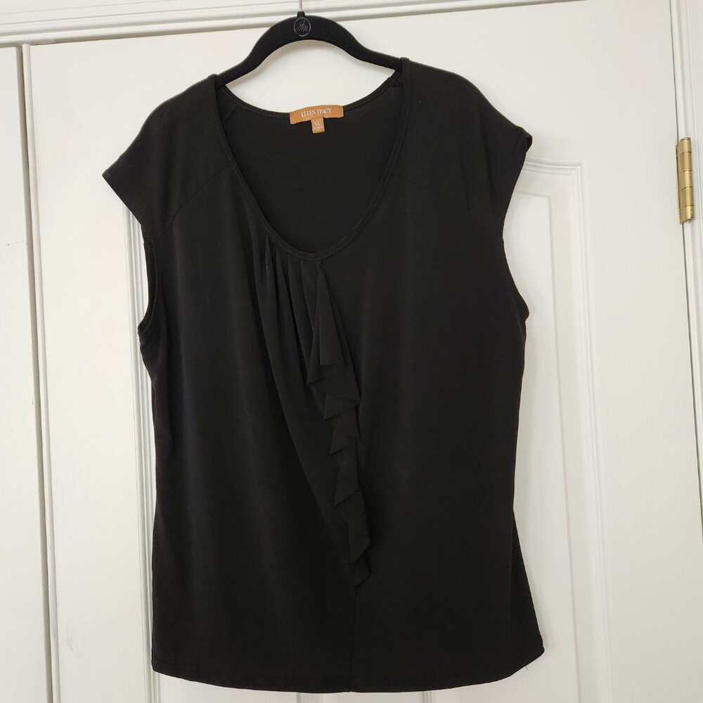Ellen Tracy Scoop Neck Cap Slv Front Ruffle Casual/Dressy Pullover Top XL Black